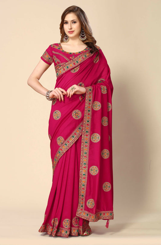 Pink Chinon Embroidered Saree with Unstitched Blouse Piece - Roozal
