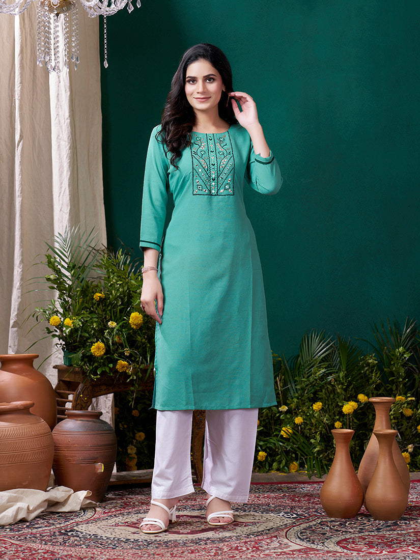 Monjolika Fashion Sky Blue Maaza Cotton Hand Work With Pocket Casual Kurti | Grab2Buy