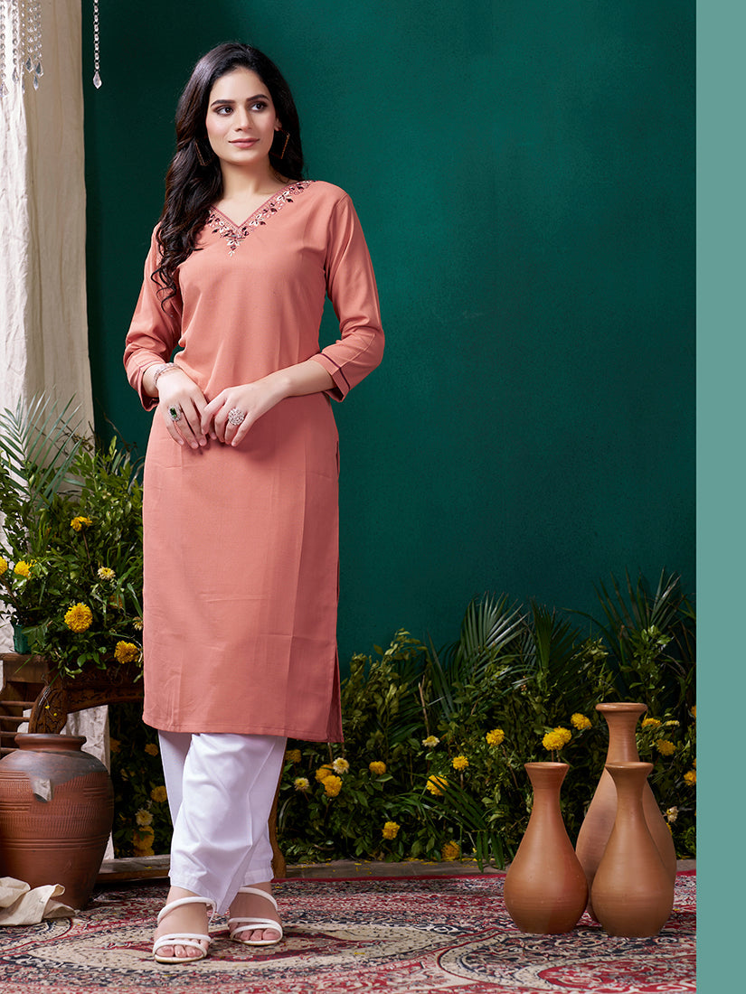 Monjolika Fashion Peach Maaza Cotton Hand Work With Pocket Casual Kurti | Grab2Buy