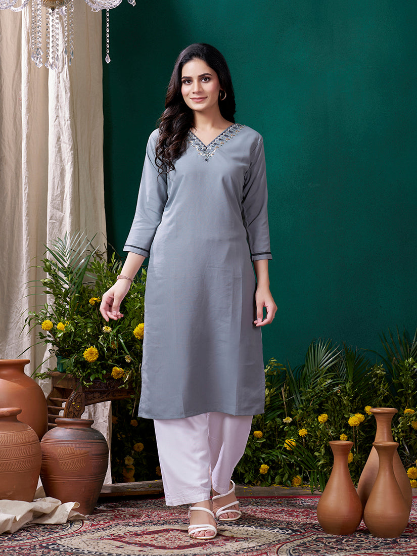 Monjolika Fashion Grey Maaza Cotton Hand Work With Pocket Casual Kurti | Grab2Buy