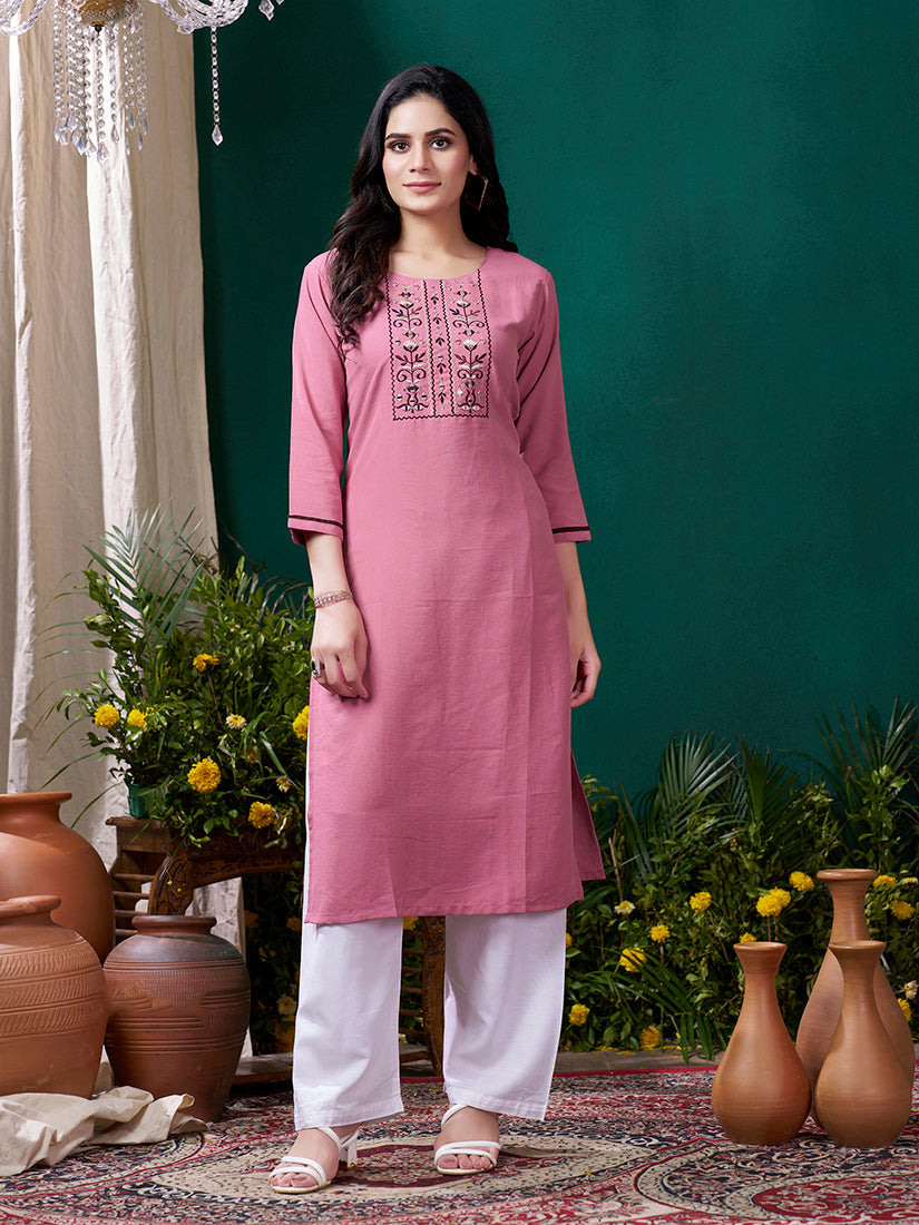 Monjolika Fashion Light Pink Maaza Cotton Hand Work With Pocket Casual Kurti | Grab2Buy