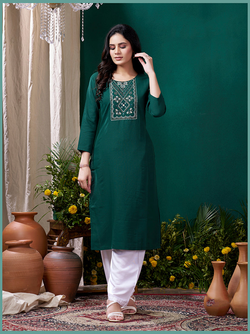 Monjolika Fashion Dark Green Maaza Cotton Hand Work With Pocket Casual Kurti | Grab2Buy