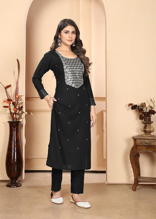 Monjolika Fashion Black Premium Rayon Heavy Sequence Embroidery Kurtis Pant Pair