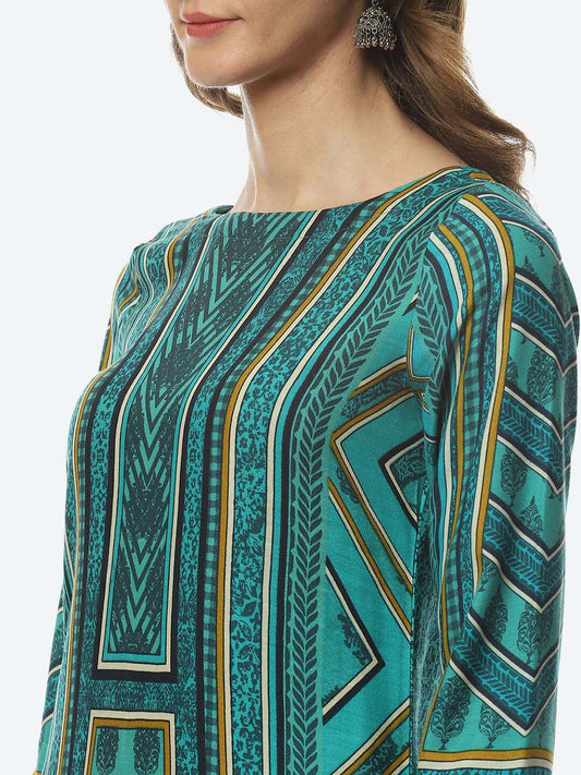 Biba Women Green & Black Printed Straight Kurta - Grab2buy