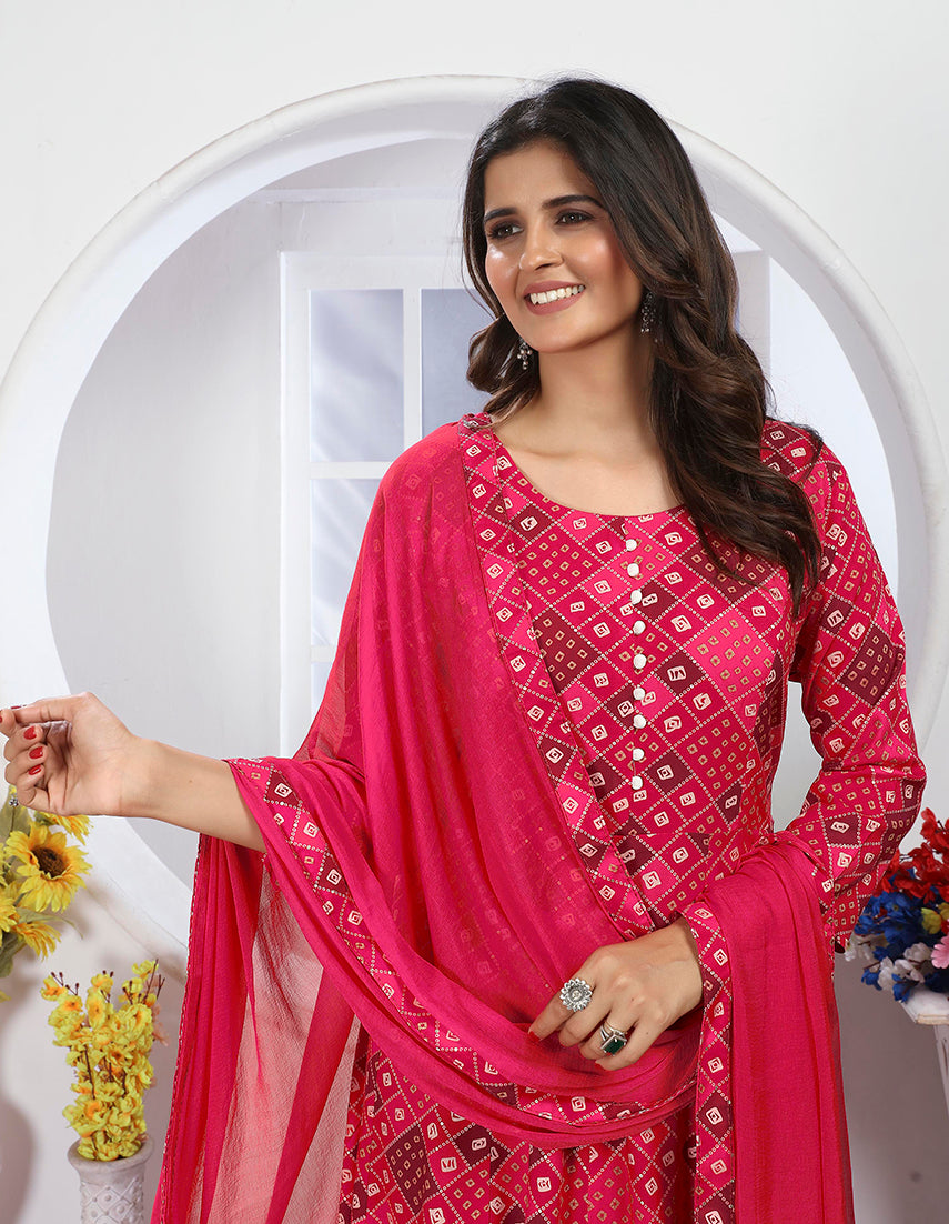 Monjolika Fashion Pink Premium Chanderi Floral Printed Long Kurti With Dupatta