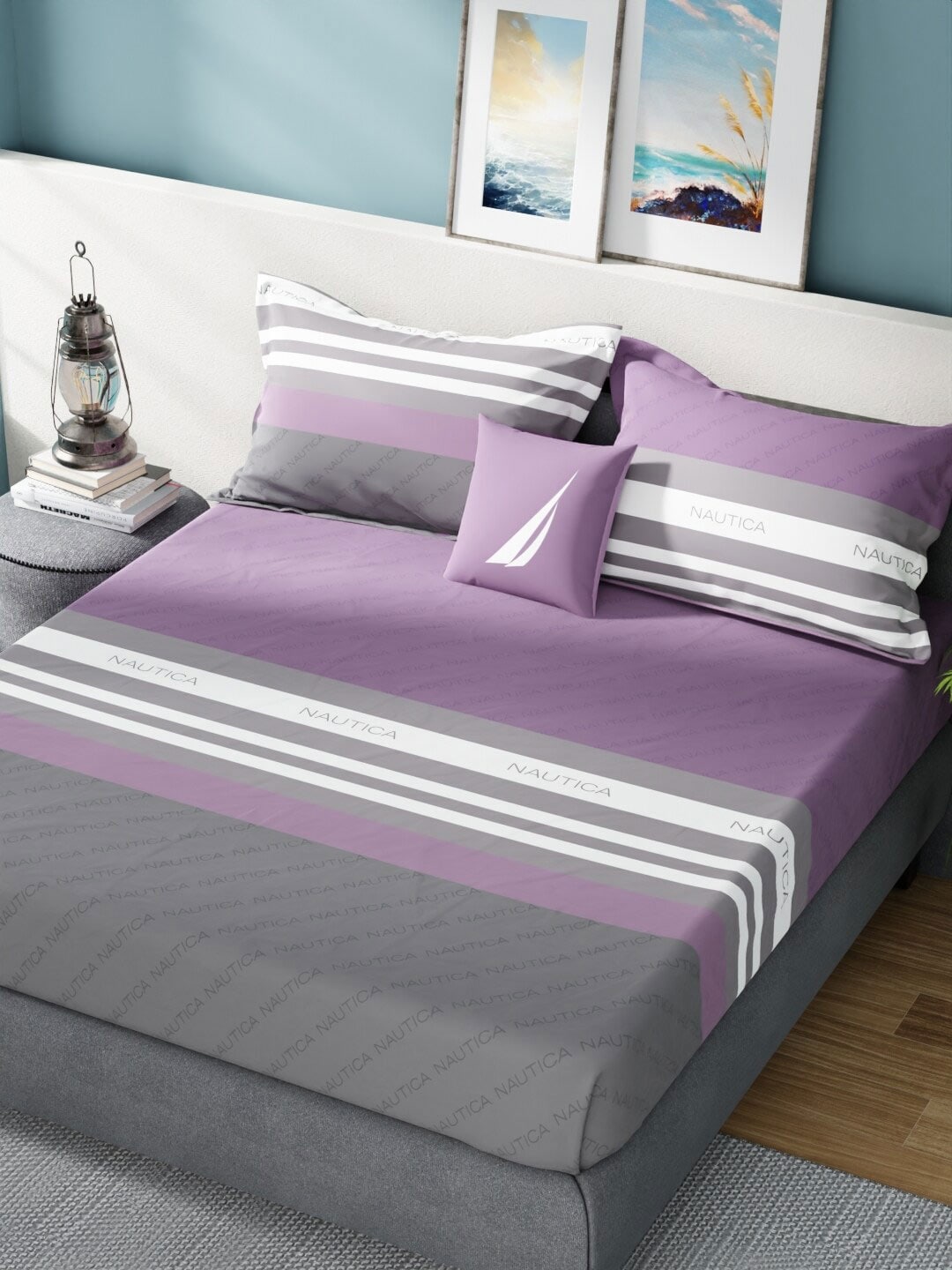Nautica Bradford Purple & Grey Striped 160 TC Pure Cotton King Bedsheet & 2 Pillow Covers 