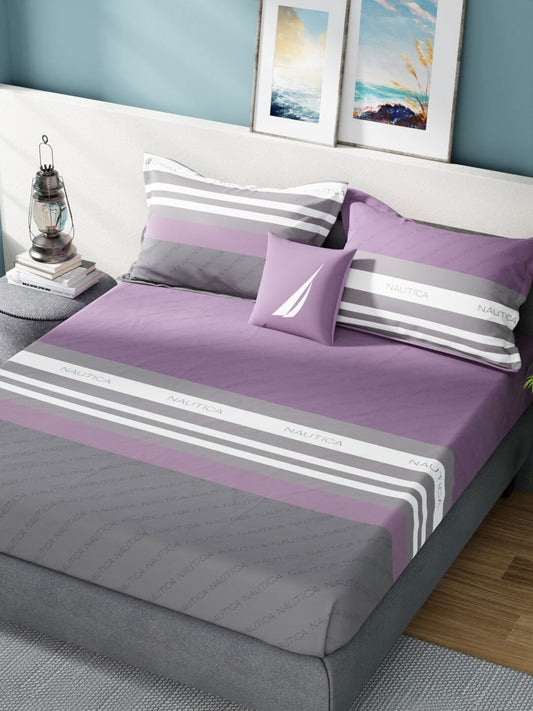 Nautica Bradford Purple & Grey Striped 160 TC Pure Cotton King Bedsheet & 2 Pillow Covers 