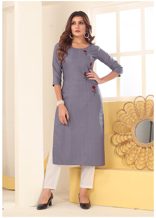 Monjolika Fashion Grey Vision Silk With Handmade Embroidery Kurti | Grab2Buy