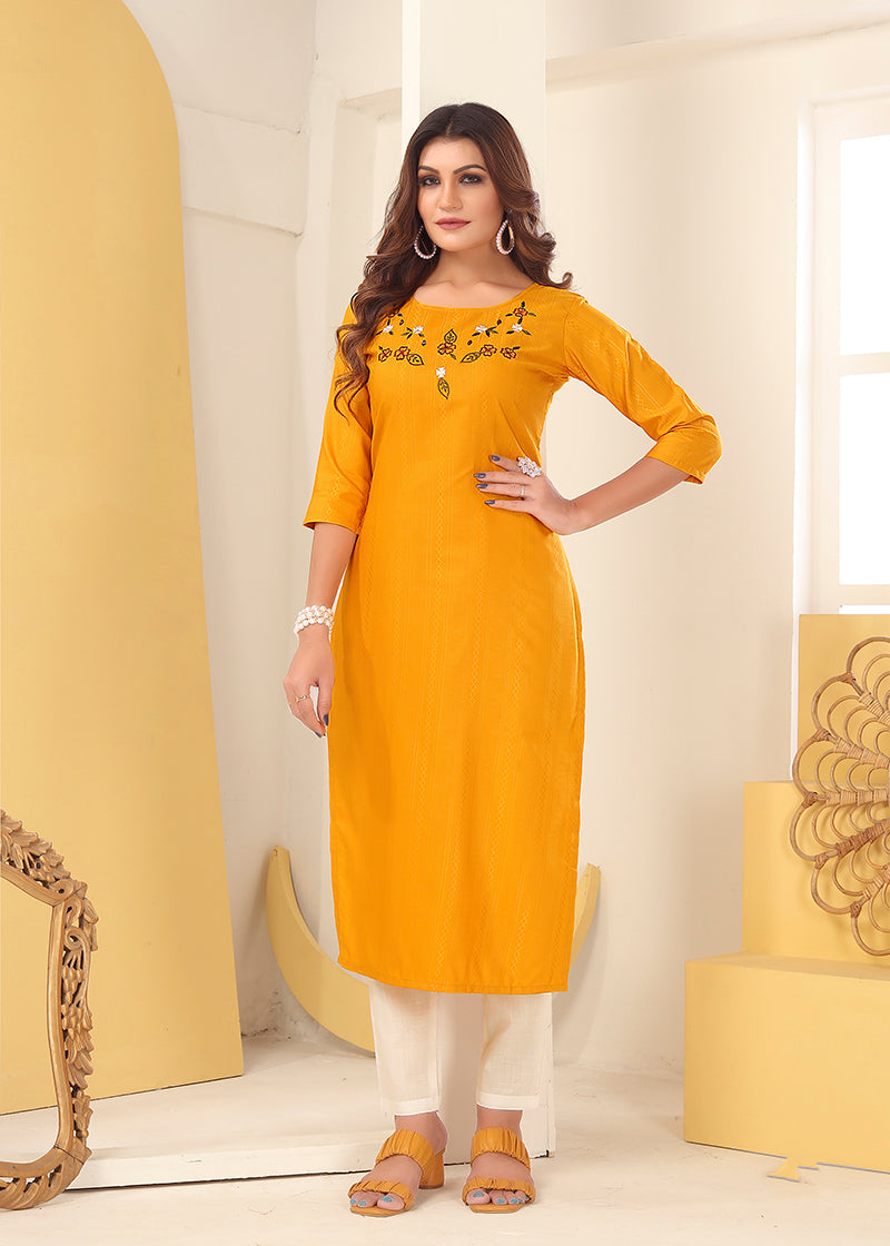 Monjolika Fashion Mustard Vision Silk With Handmade Embroidery Kurti | Grab2Buy