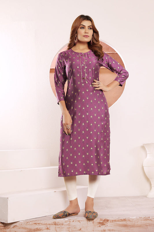 Monjolika Fashion Lavender Viscose Maslin Print With Pocket Stylish Kurti | Grab2Buy