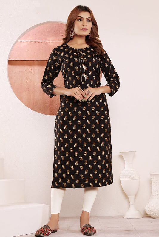 Monjolika Fashion Black Viscose Maslin Print With Pocket Stylish Kurti | Grab2Buy