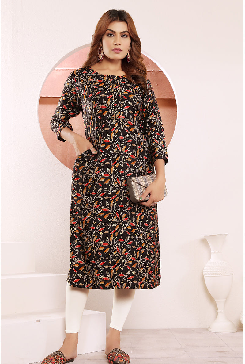 Monjolika Fashion Black Viscose Maslin Print With Pocket Stylish Kurti | Grab2Buy