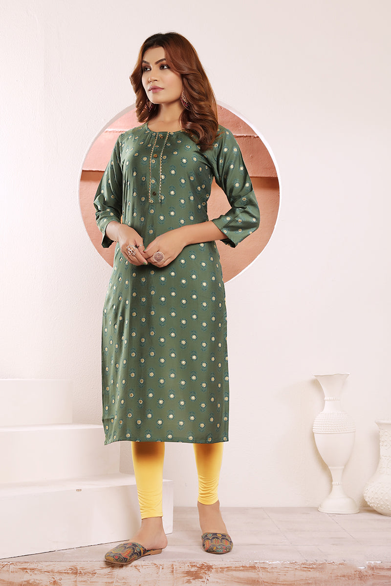 Monjolika Fashion Olive Green Viscose Maslin Print With Pocket Stylish Kurti | Grab2Buy