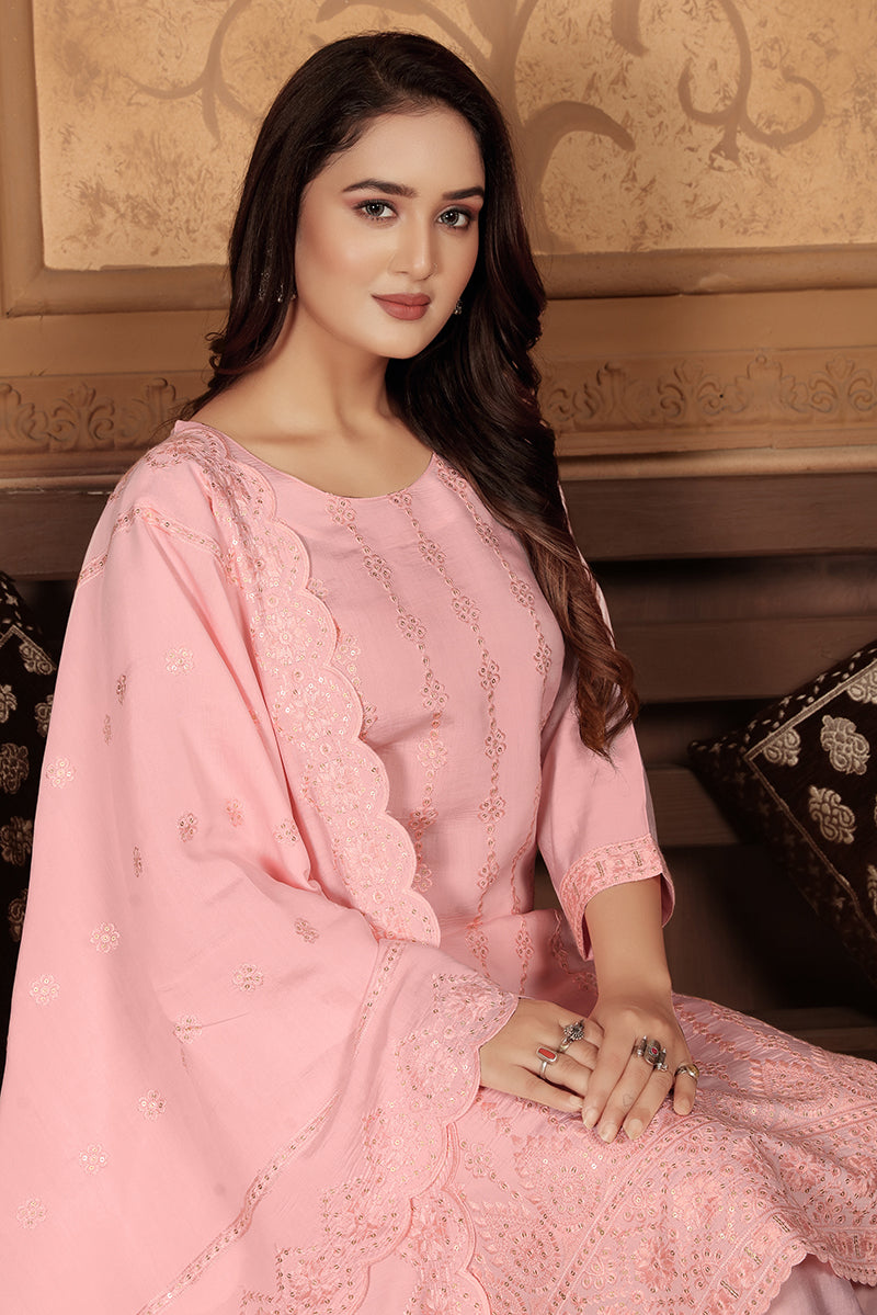 Monjolika Fashion Light Pink Chanderi With Heavy Sequence Embroidery Classic Suit