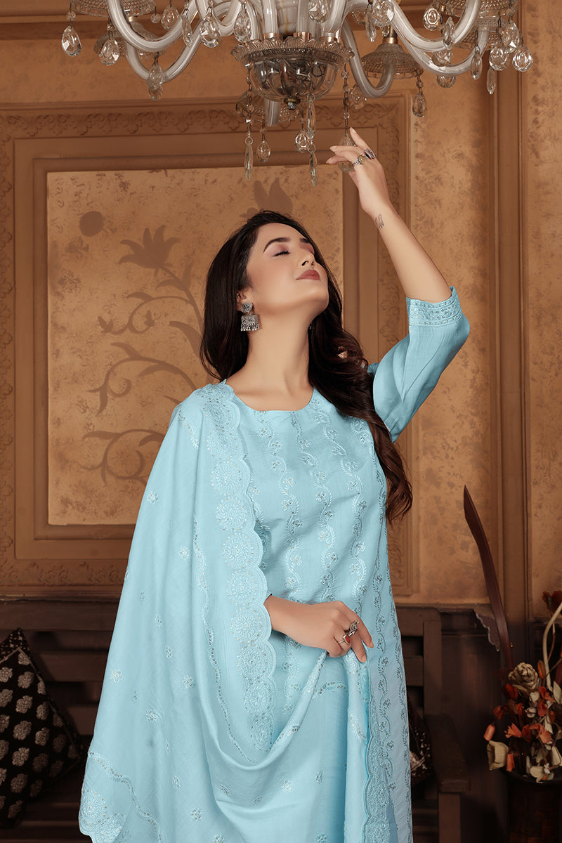 Monjolika Fashion Light Blue Chanderi With Heavy Sequence Embroidery Classic Suit