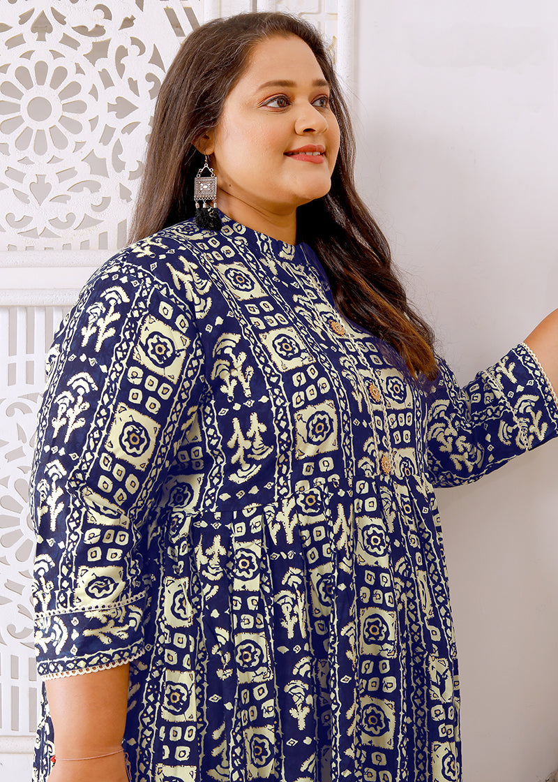 Monjolika Fashion Navy Blue Rayon Plus Size Printed Long Kurti