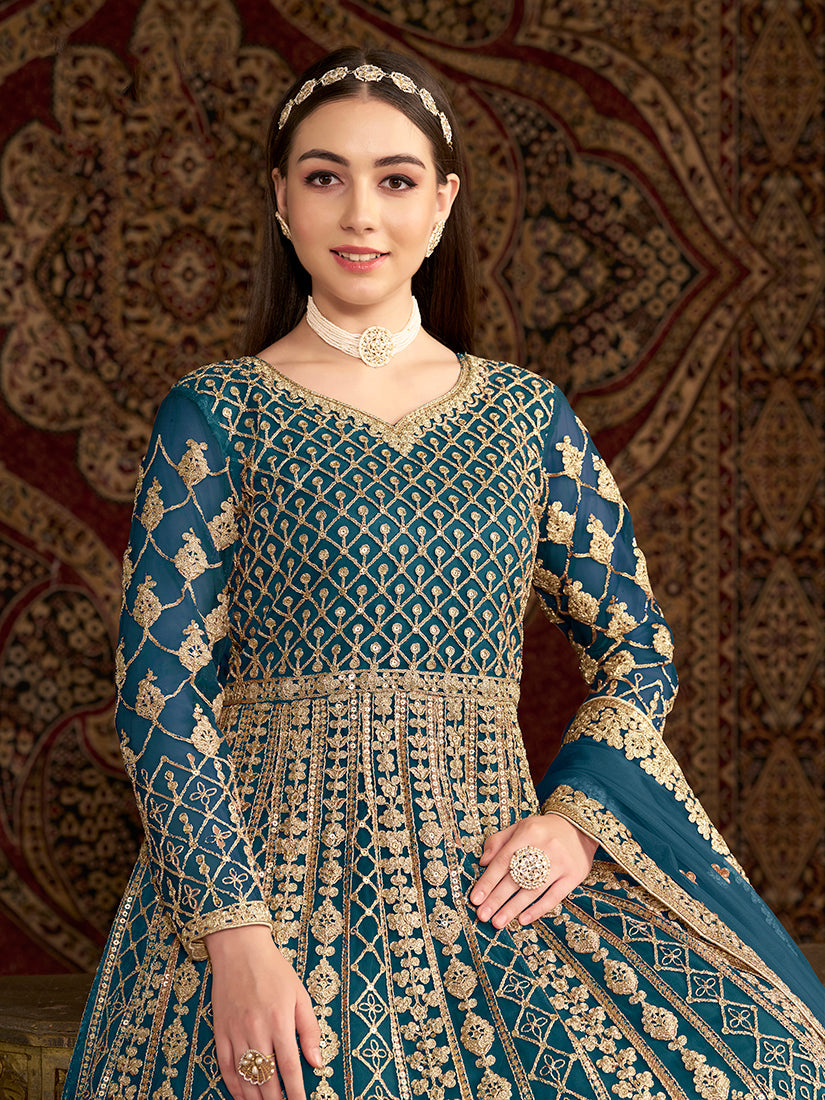 Monjolika Fashion Teal Color Embroidered Santoon Net Salwar Suit