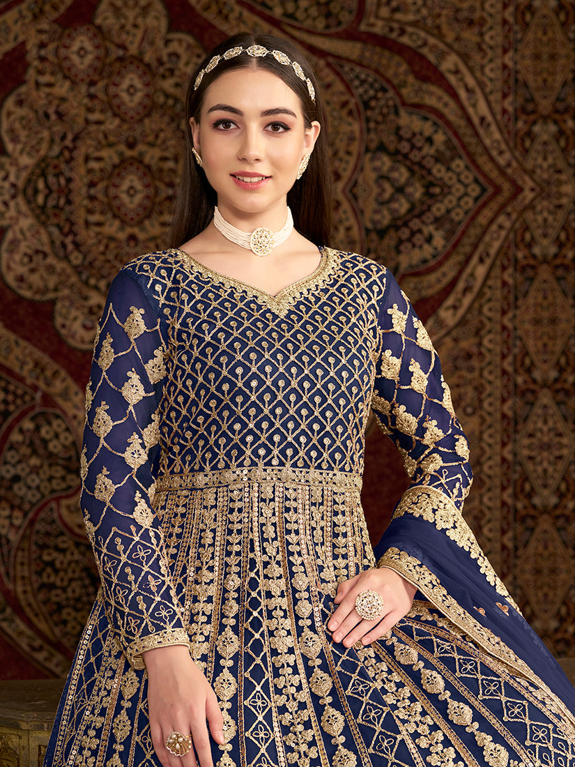 Monjolika Fashion Navy-Blue Color Embroidered Santoon Net Salwar Suit