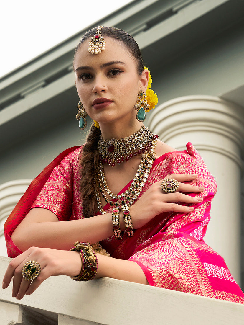 Monjolika Fashion Viscose Silk Rani Pink Weaving Jaal Designer Saree