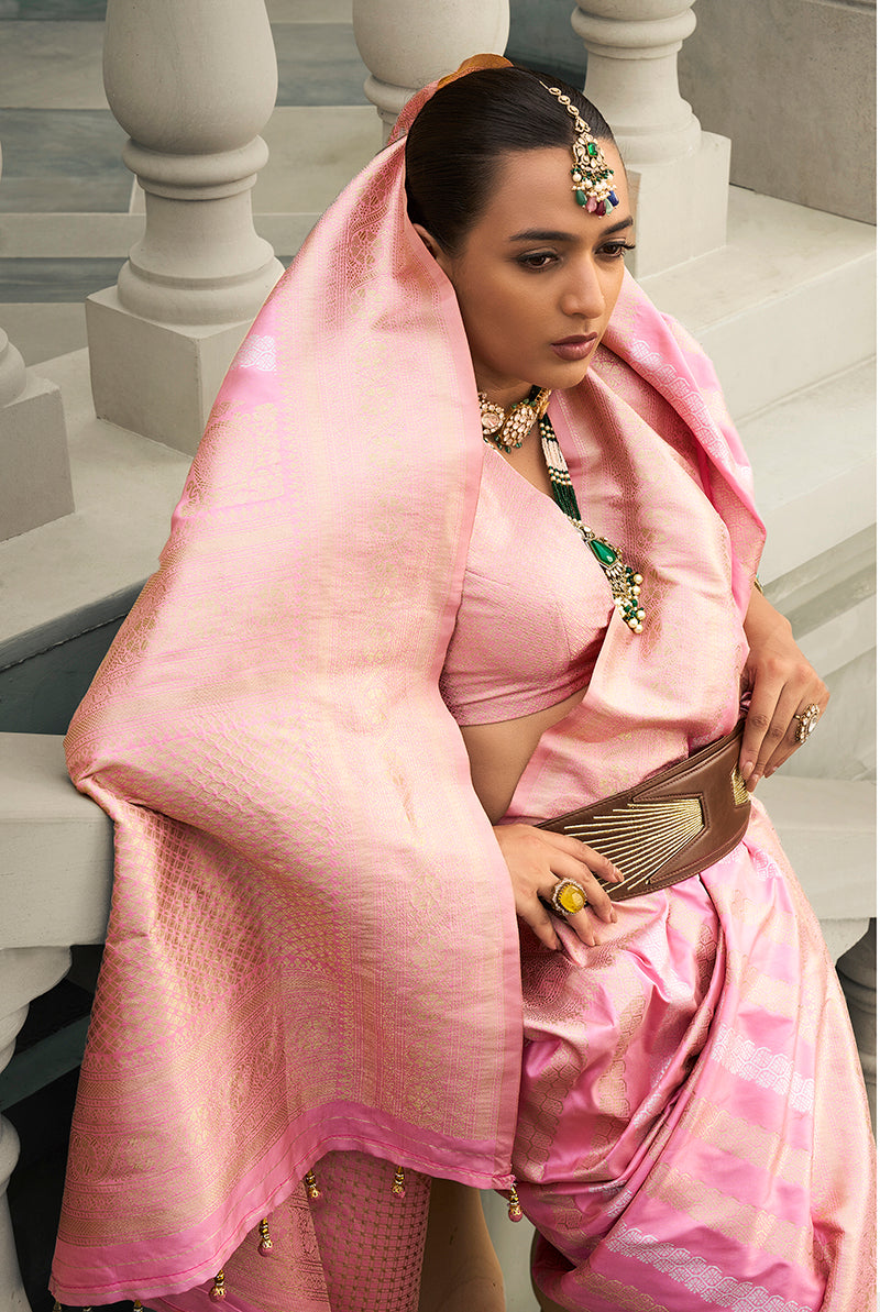 Monjolika Fashion Viscose Silk Baby Pink Weaving Jaal Designer Saree