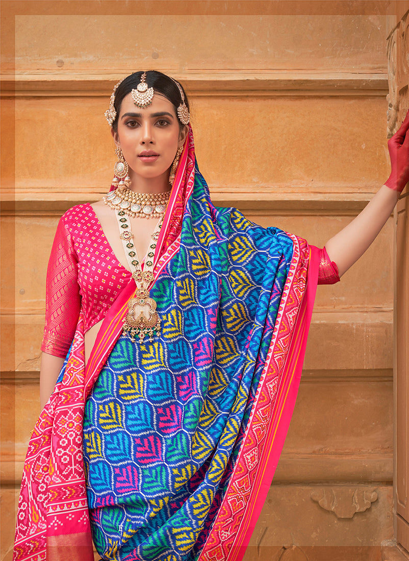 Monjolika Fashion Blue Patola Print Silk Ceremonial Trendy Saree