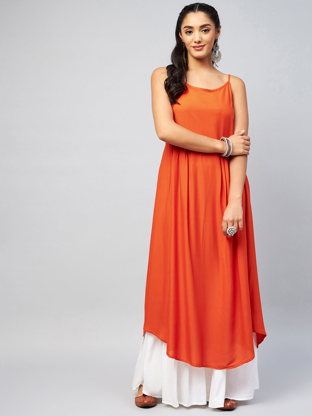 InWeave Women's Solid Orange Strappy Kurta 