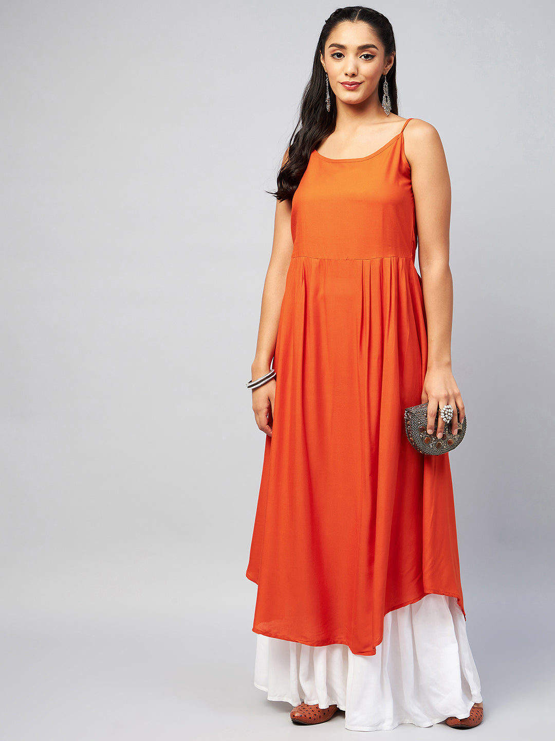 InWeave Women's Solid Orange Strappy Kurta 
