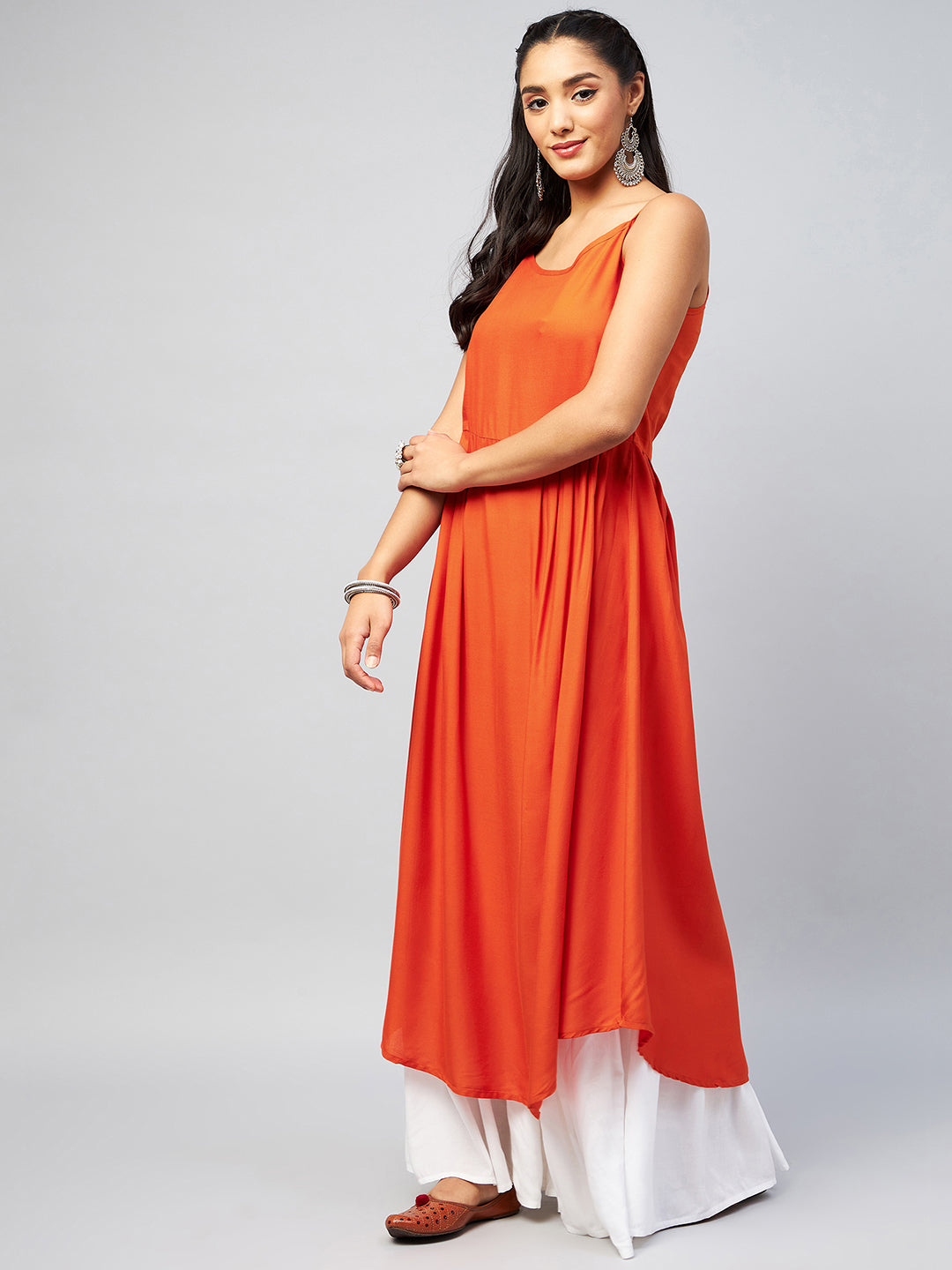 InWeave Women's Solid Orange Strappy Kurta 