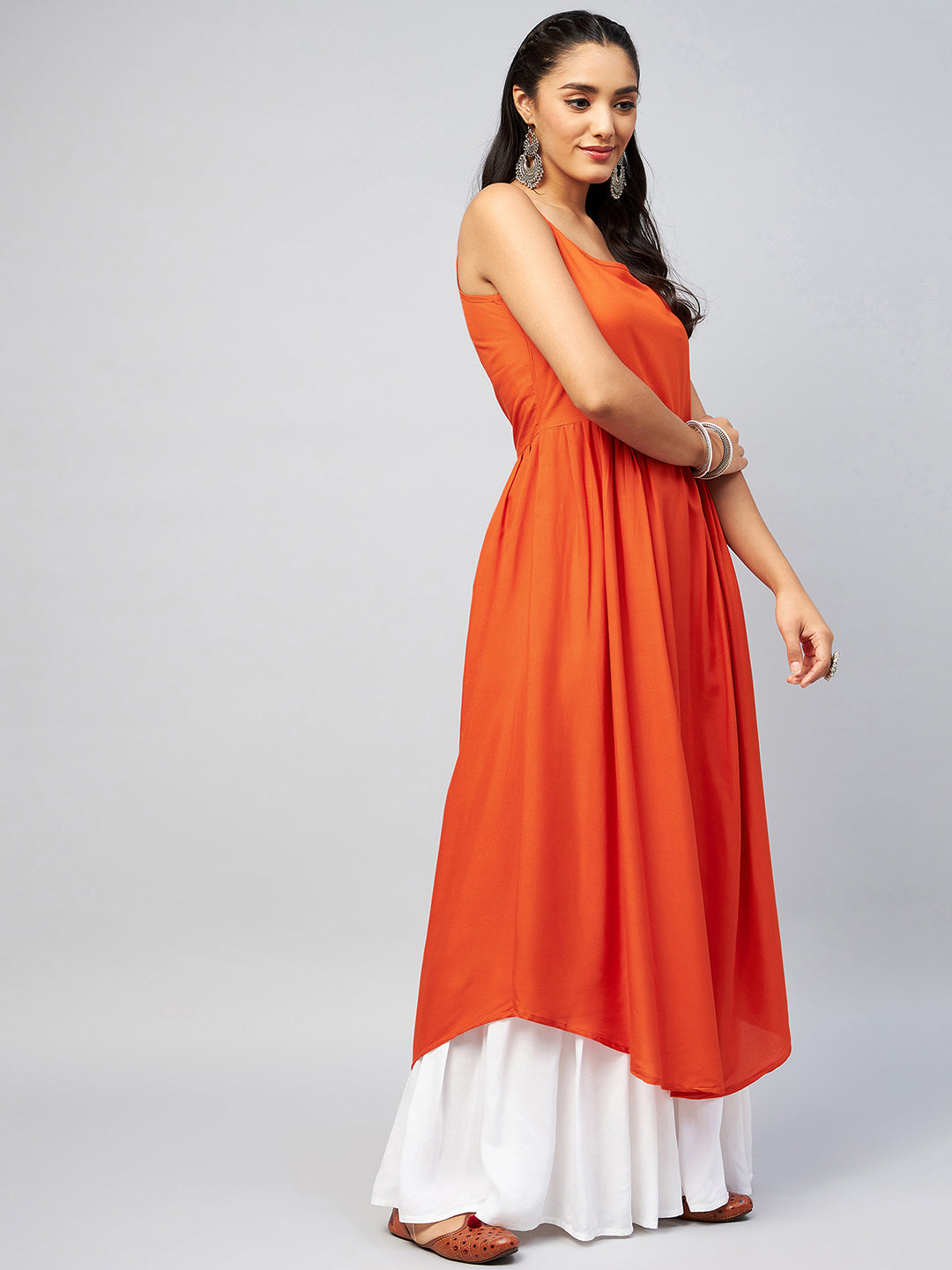 InWeave Women's Solid Orange Strappy Kurta 