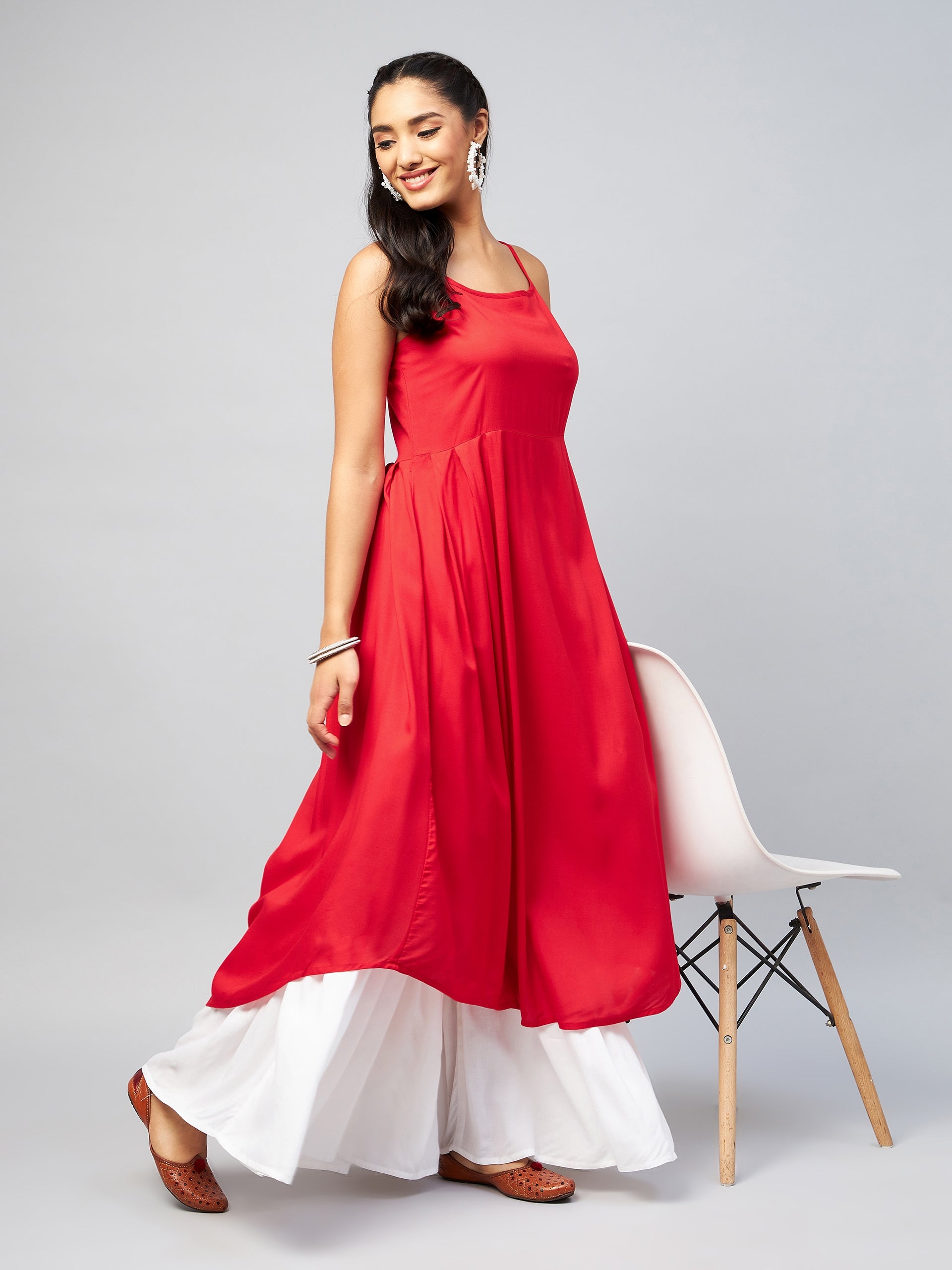 InWeave Women's Solid Red Strappy Kurta 