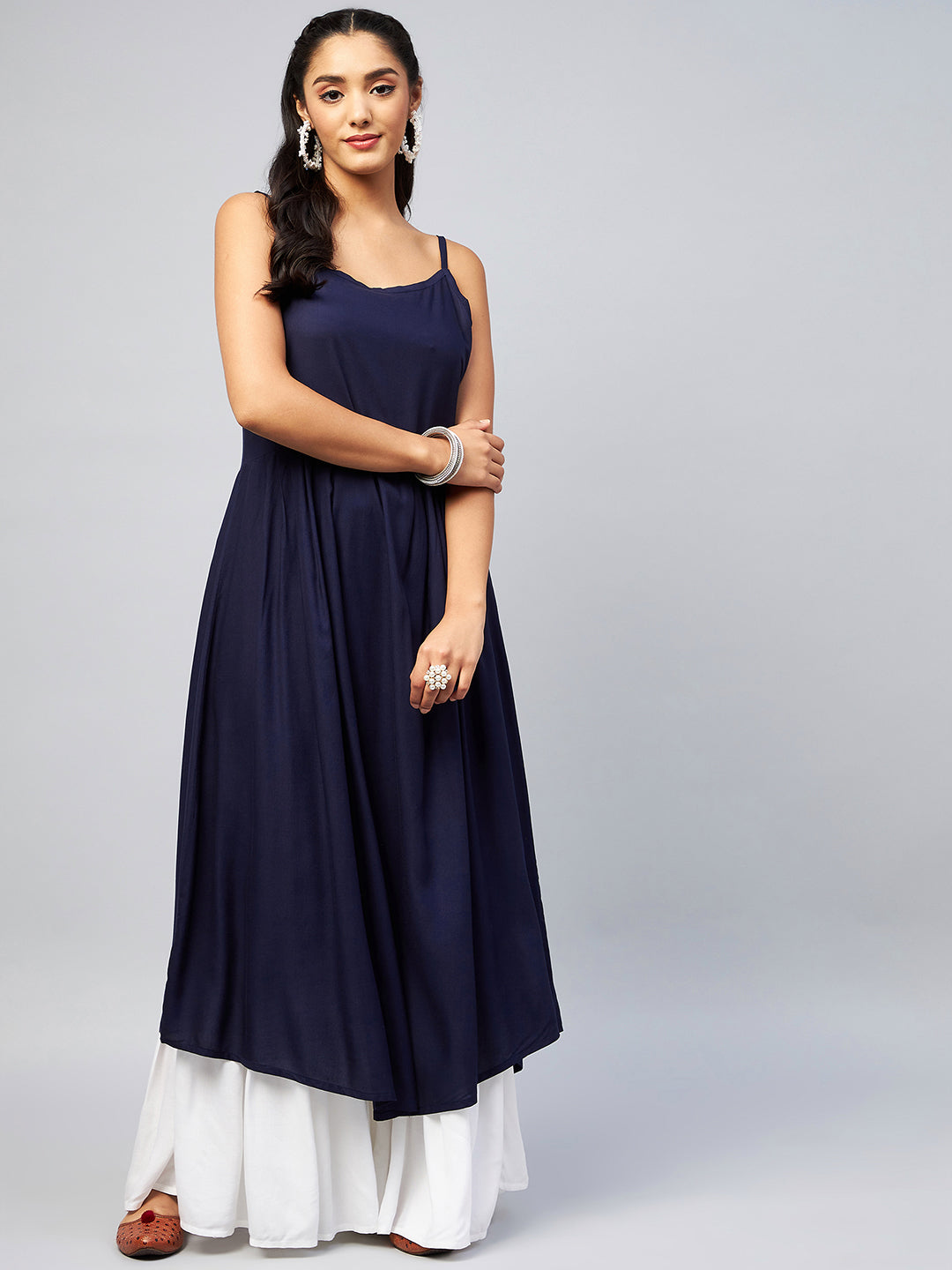 InWeave Women's Navy Blue Strappy Kurta 