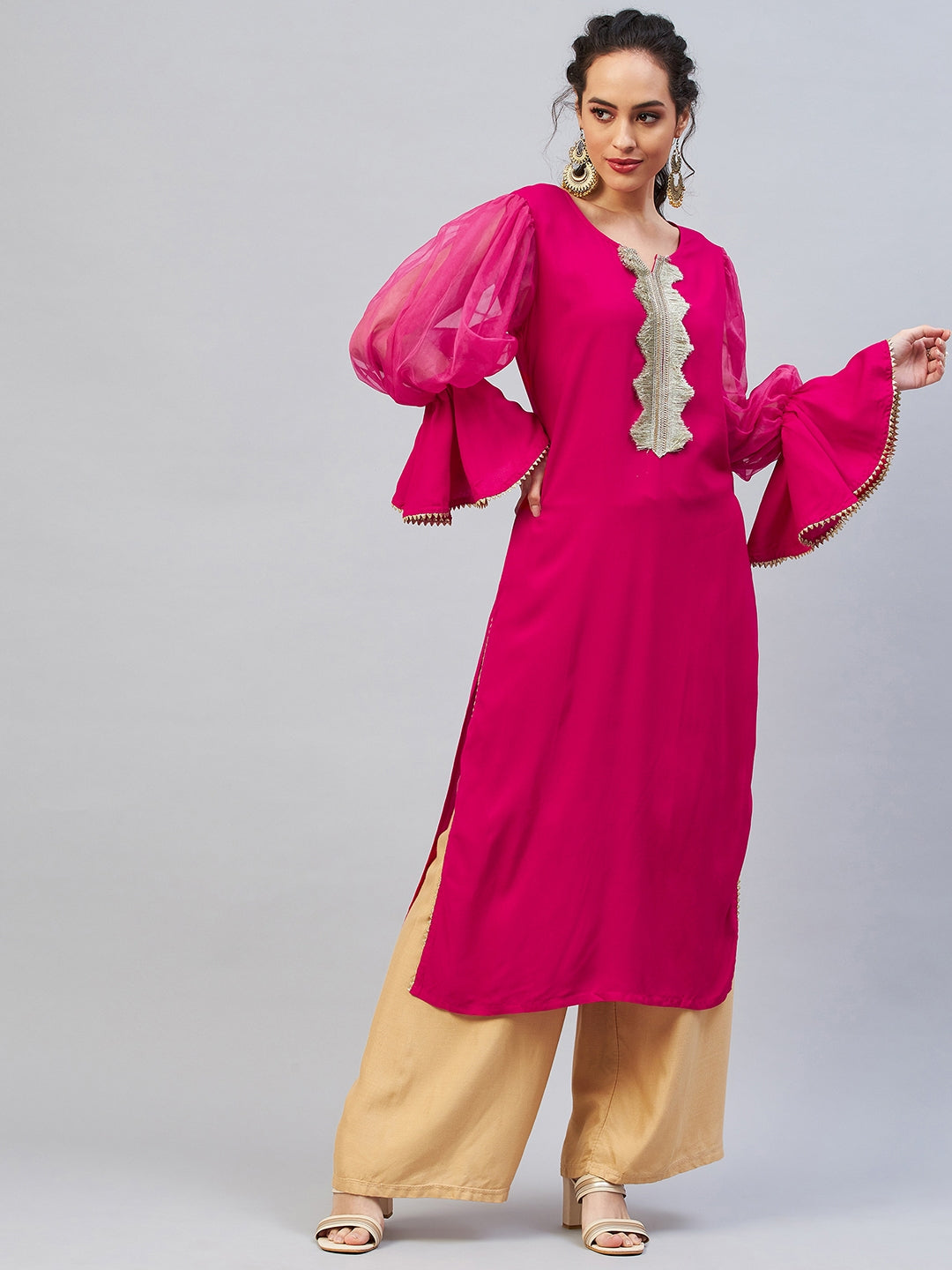 InWeave Women's Fuschia Organza Sleeve Gota Work Kurta 