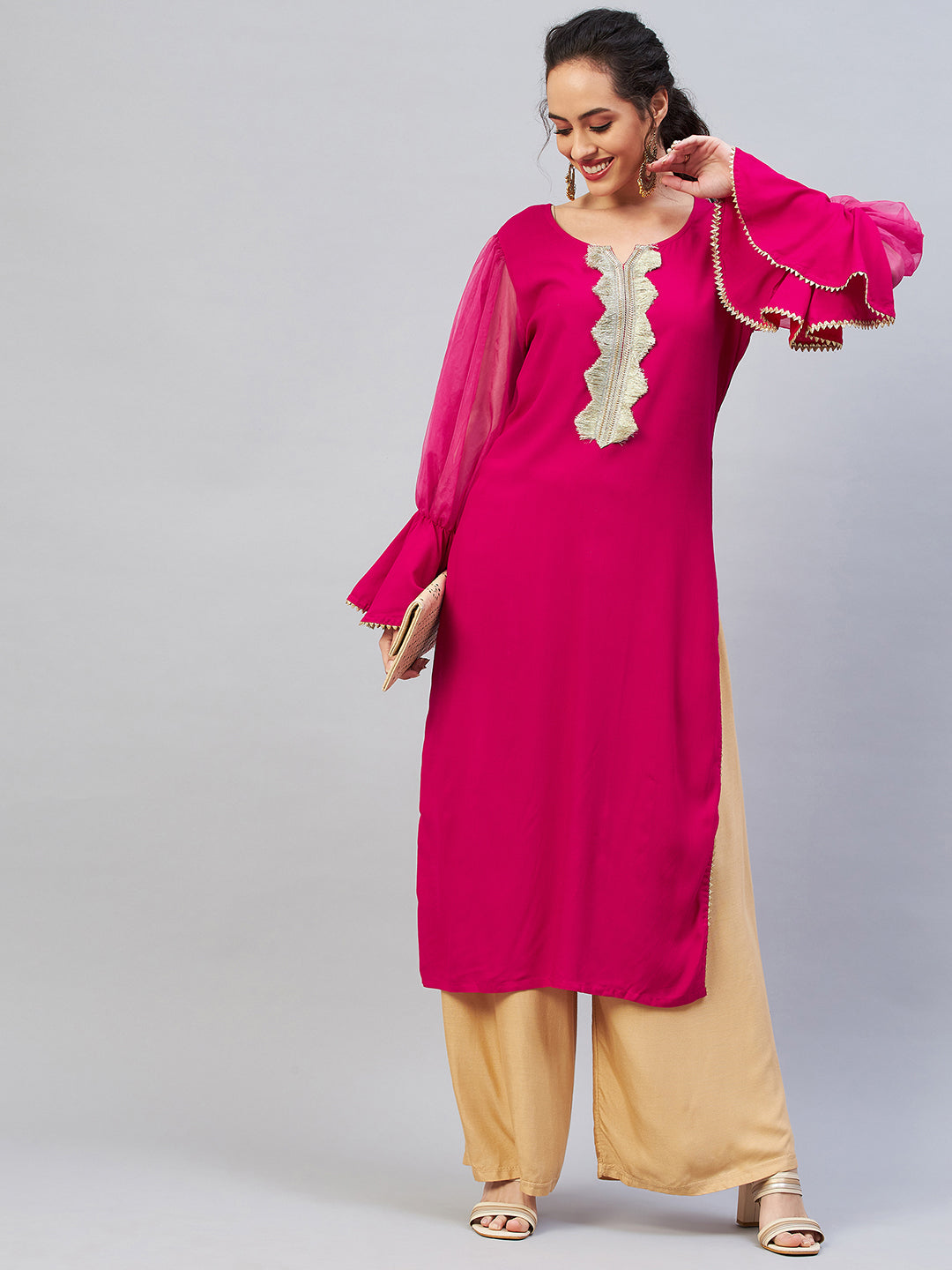 InWeave Women's Fuschia Organza Sleeve Gota Work Kurta 