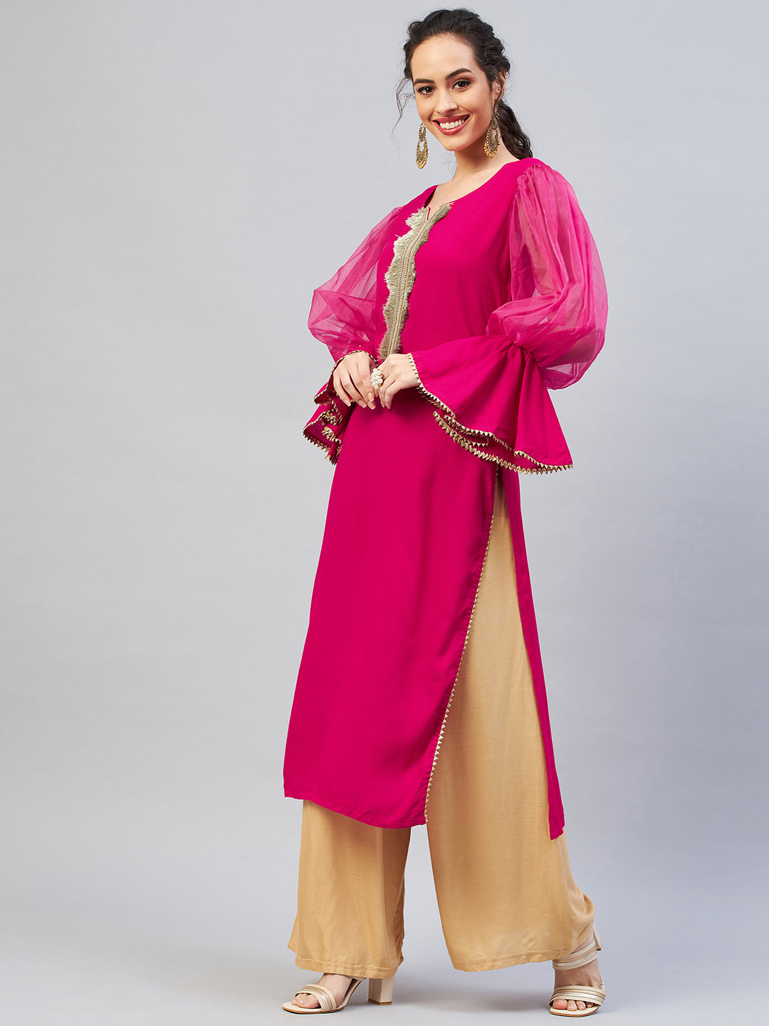 InWeave Women's Fuschia Organza Sleeve Gota Work Kurta 