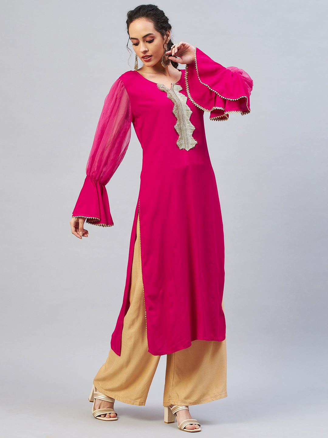 InWeave Women's Fuschia Organza Sleeve Gota Work Kurta 