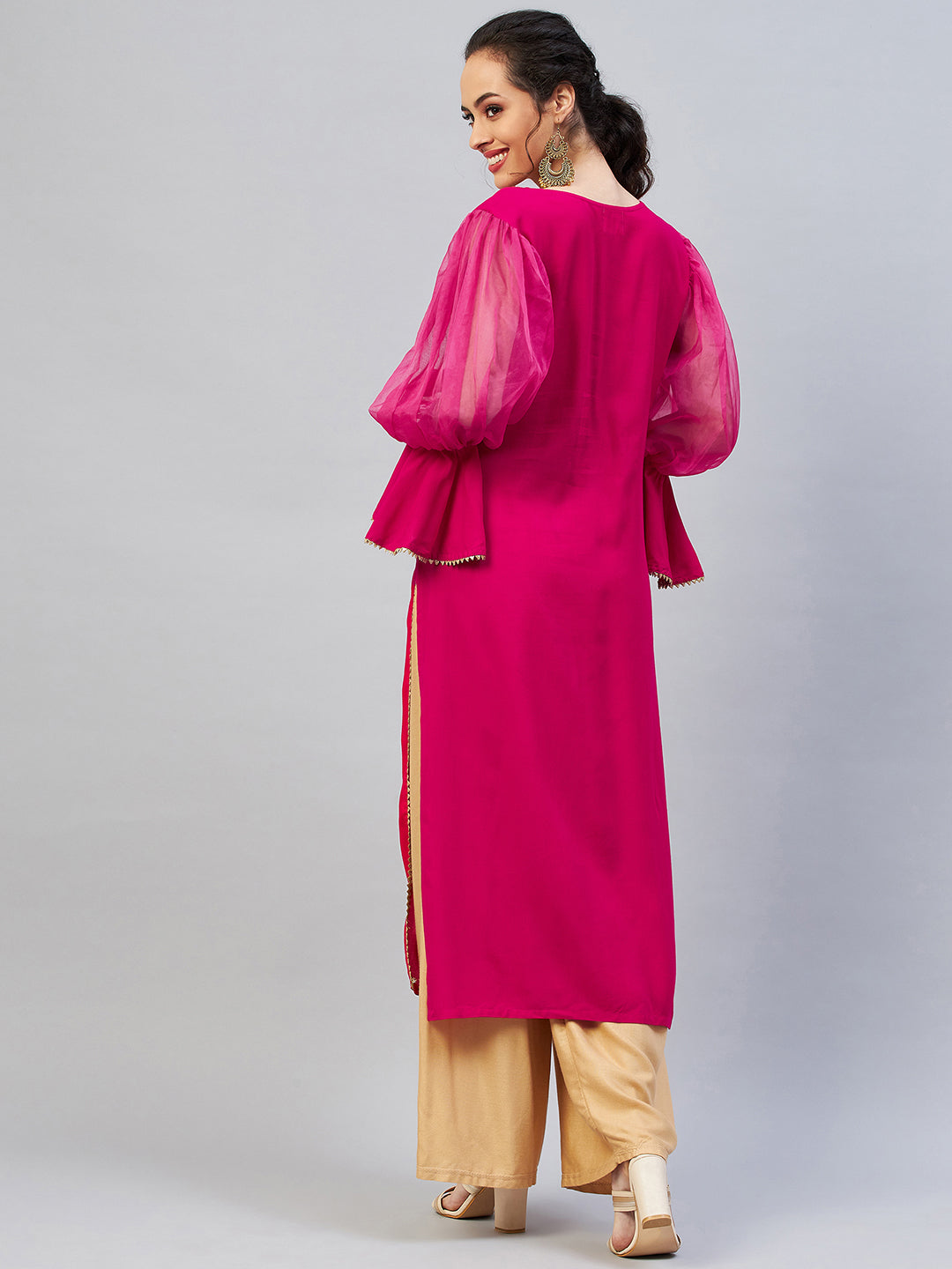 InWeave Women's Fuschia Organza Sleeve Gota Work Kurta 
