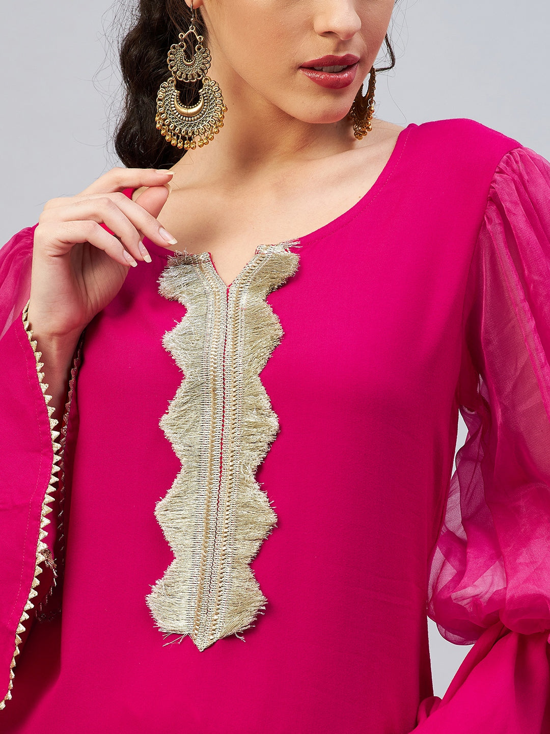 InWeave Women's Fuschia Organza Sleeve Gota Work Kurta 