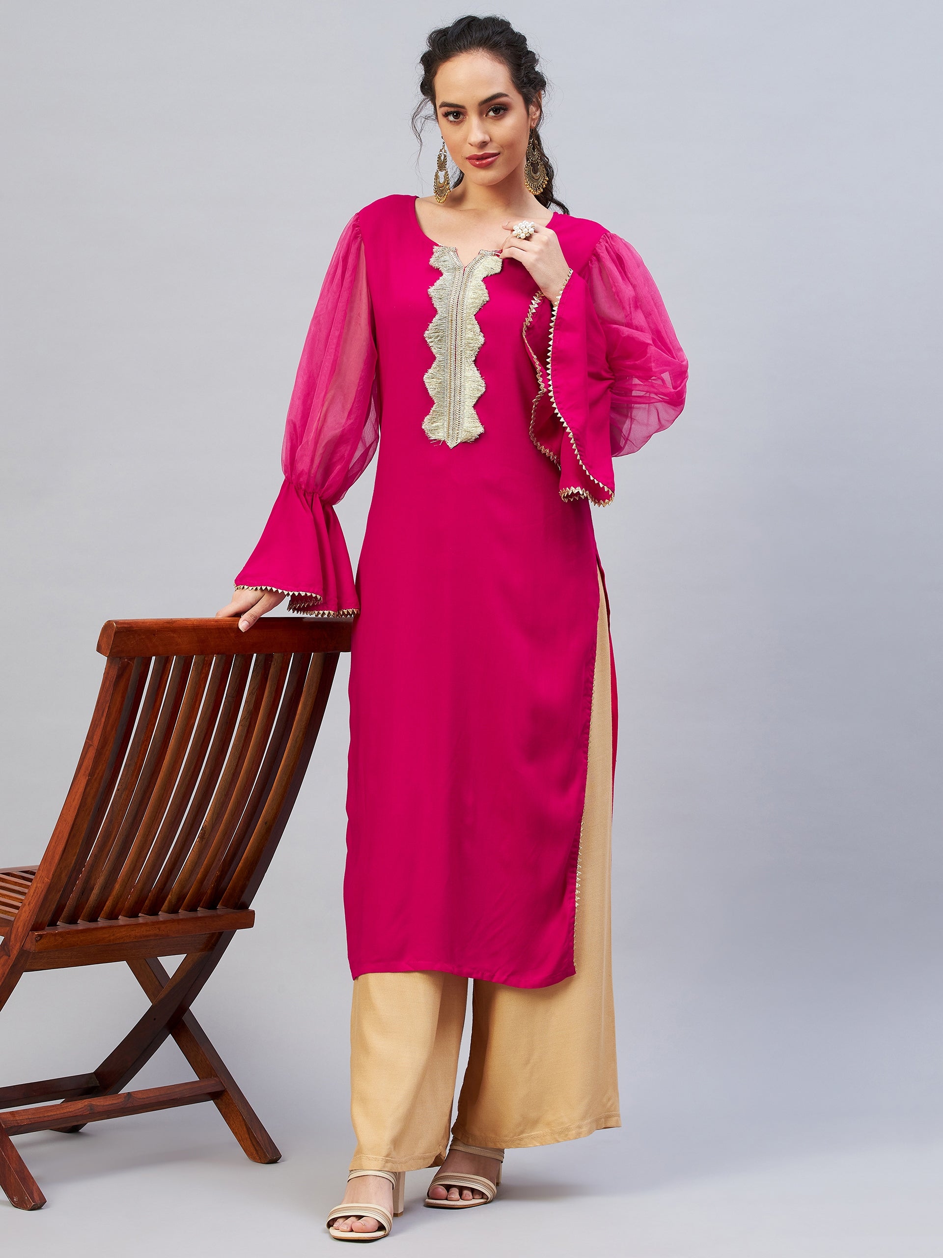 InWeave Women's Fuschia Organza Sleeve Gota Work Kurta 