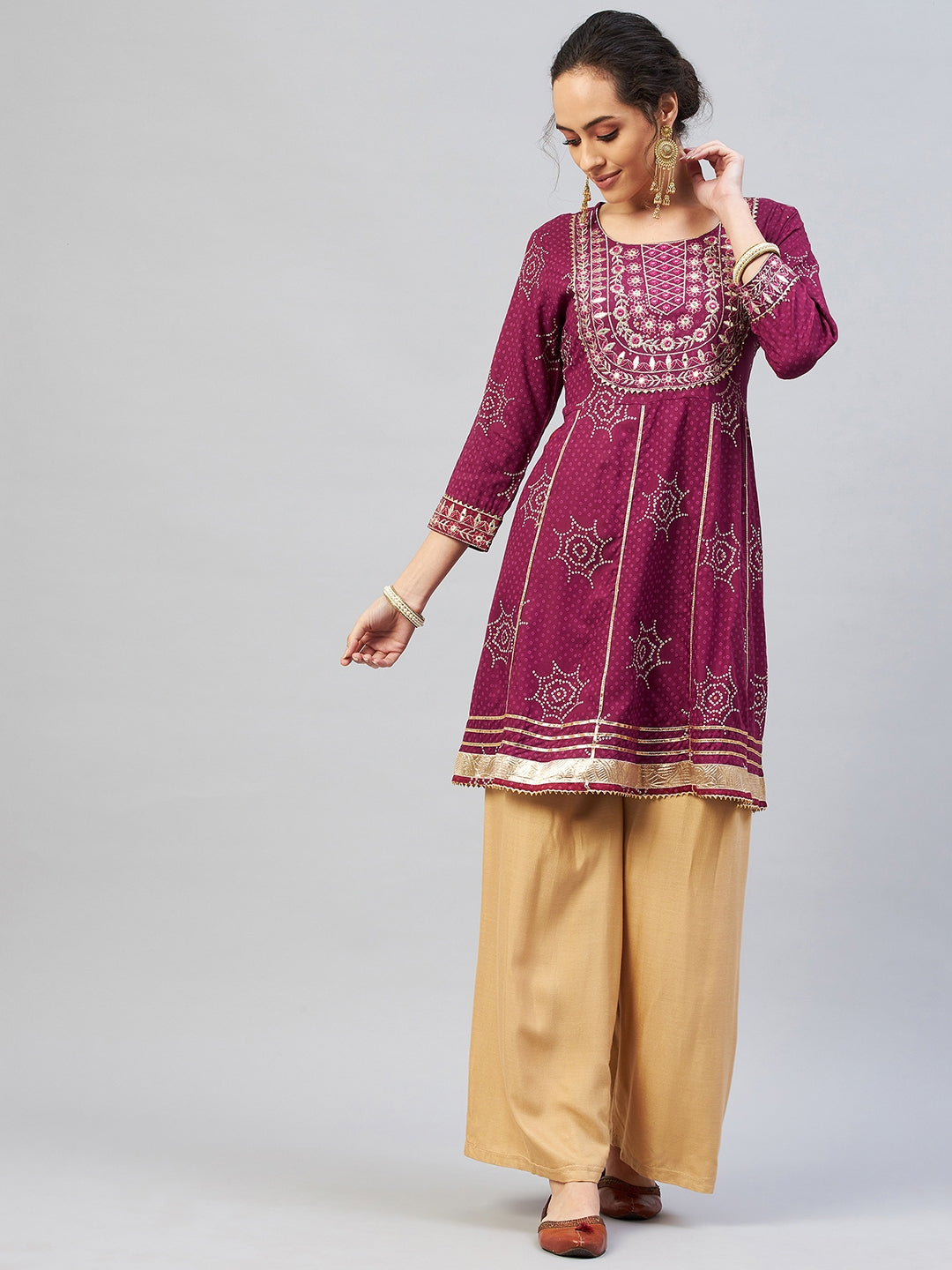 InWeave Women's Wine Gota Mirror Kurta 