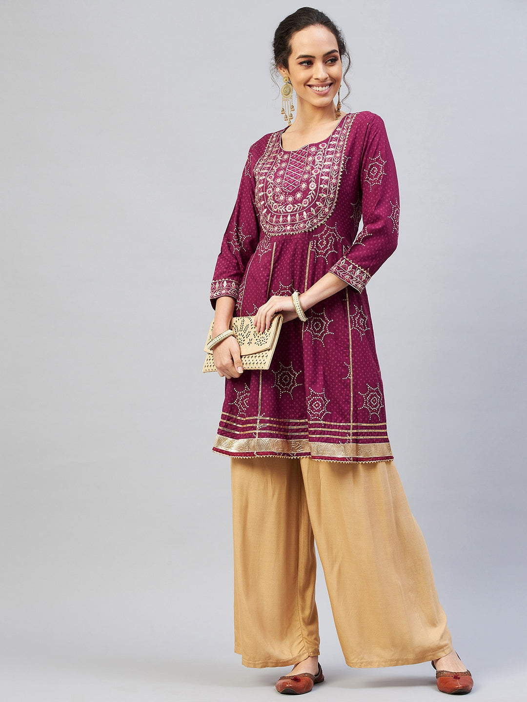 InWeave Women's Wine Gota Mirror Kurta 