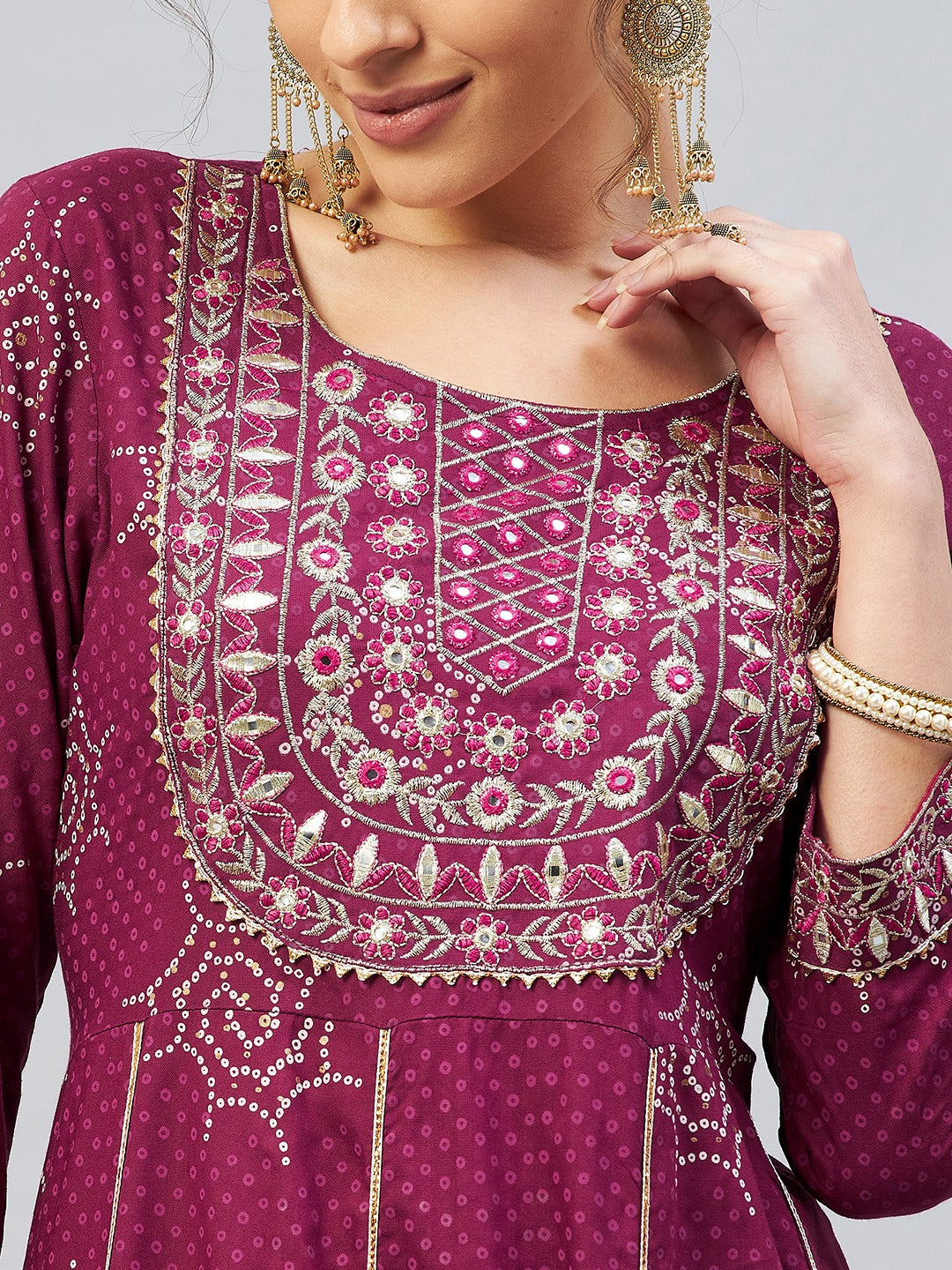 InWeave Women's Wine Gota Mirror Kurta 