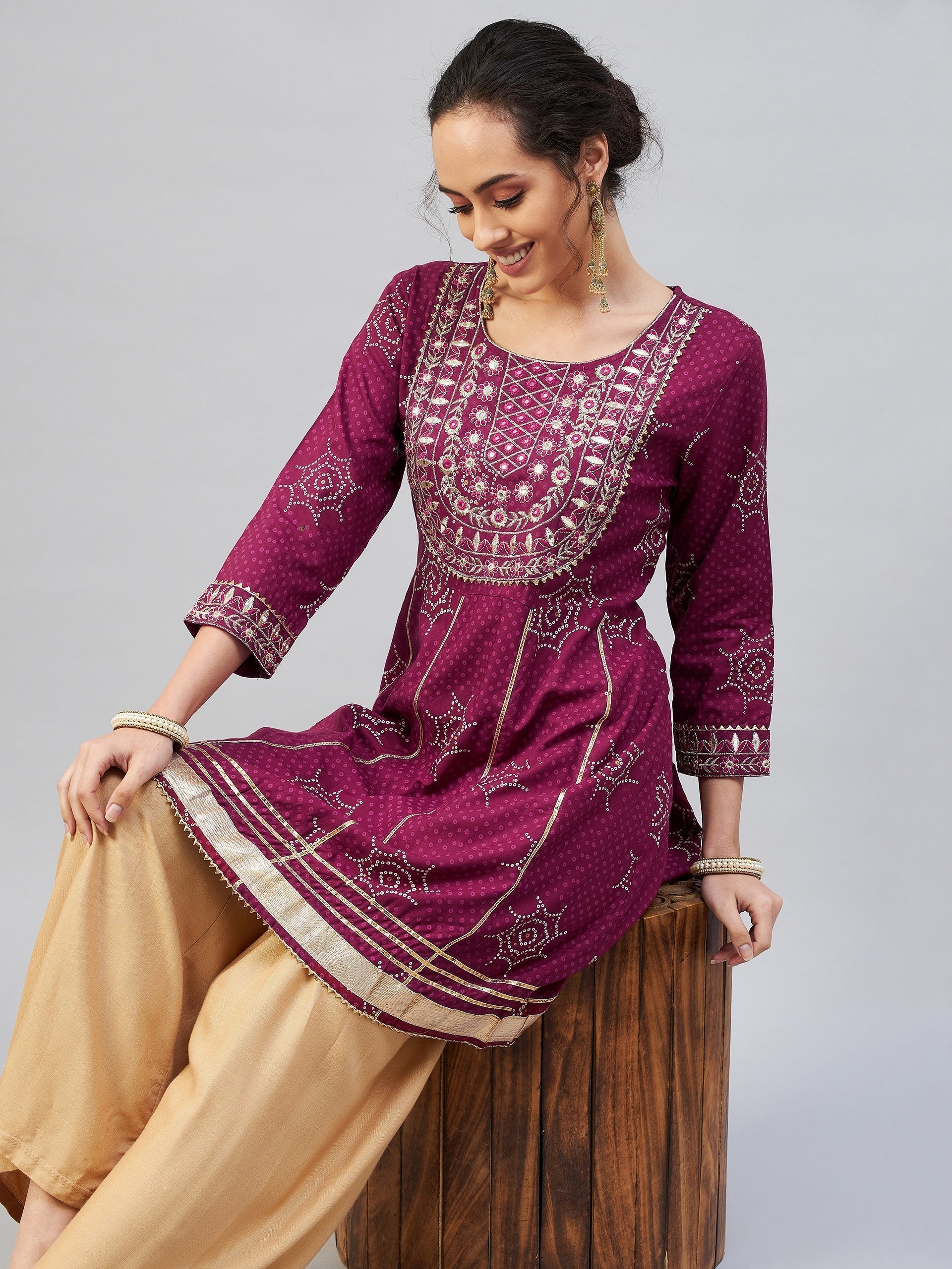 InWeave Women's Wine Gota Mirror Kurta 