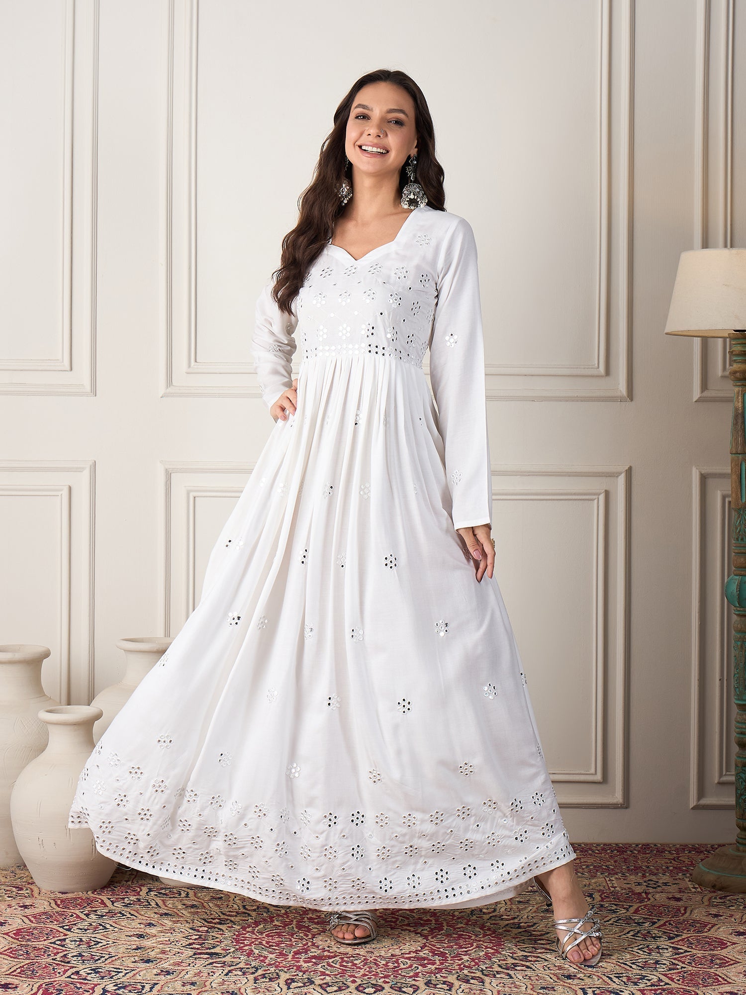 InWeave White Mirror Work Long Anarkali Kurta | Grab2Buy