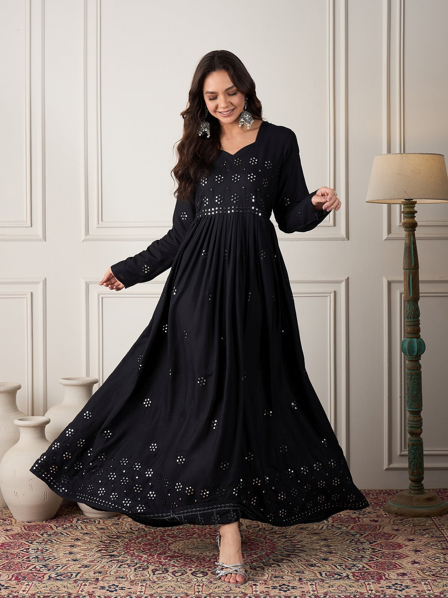 InWeave Black Mirror Work Long Anarkali Kurta | Grab2Buy