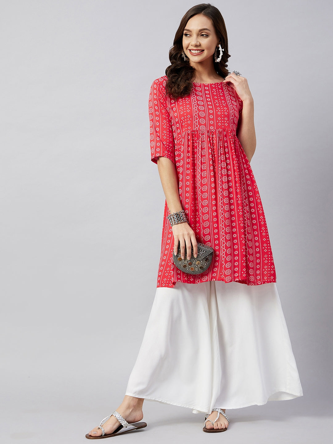 InWeave Women's Red Bandhani Shrot Anarkali Kurta 