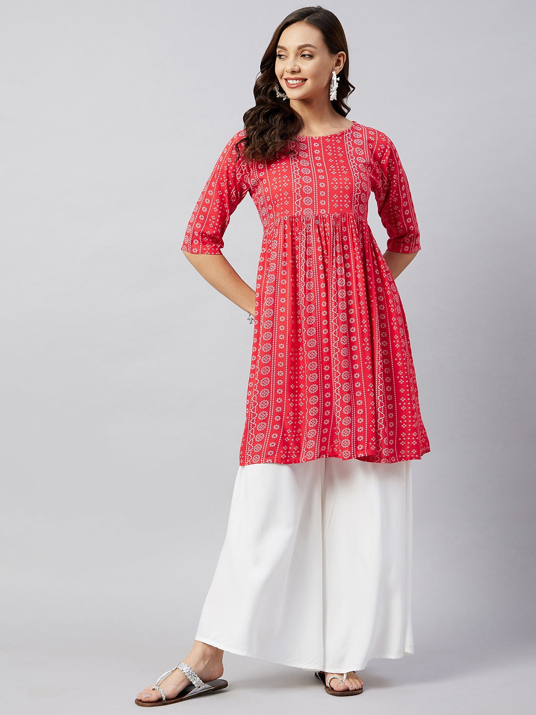 InWeave Women's Red Bandhani Shrot Anarkali Kurta 