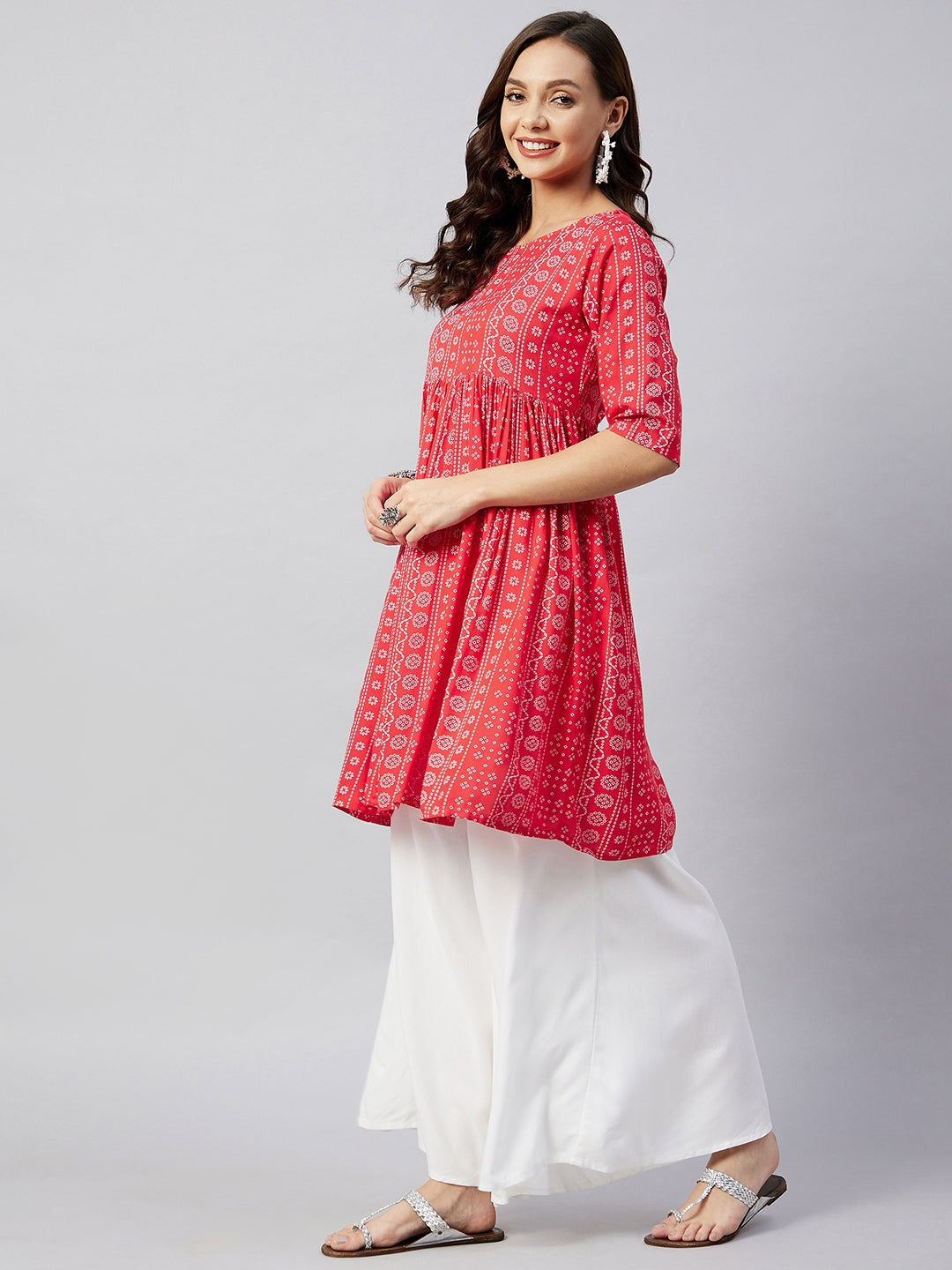 InWeave Women's Red Bandhani Shrot Anarkali Kurta 
