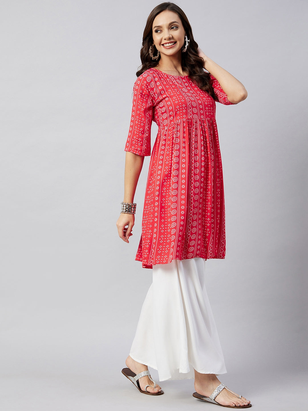 InWeave Women's Red Bandhani Shrot Anarkali Kurta 