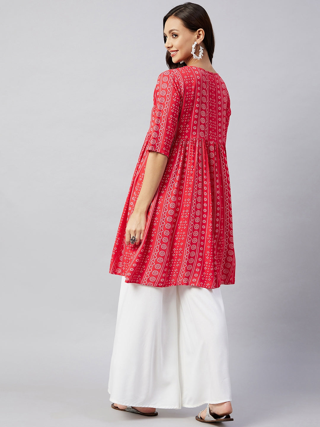 InWeave Women's Red Bandhani Shrot Anarkali Kurta 