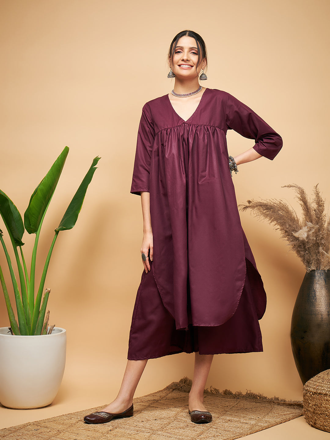 InWeave Wine Solid Flared Kurta | Grab2Buy